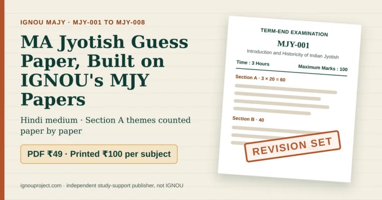 IGNOU MAJY guess paper cover showing an MJY-001 term-end paper mock, 3 hours, 100 marks, with a Revision Set stamp and PDF ₹49 or printed ₹100 prices