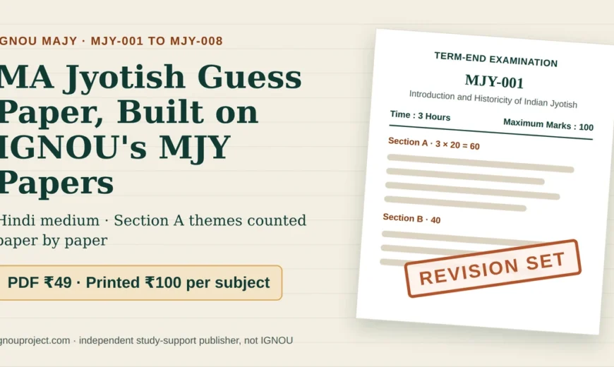 IGNOU MAJY guess paper cover showing an MJY-001 term-end paper mock, 3 hours, 100 marks, with a Revision Set stamp and PDF ₹49 or printed ₹100 prices