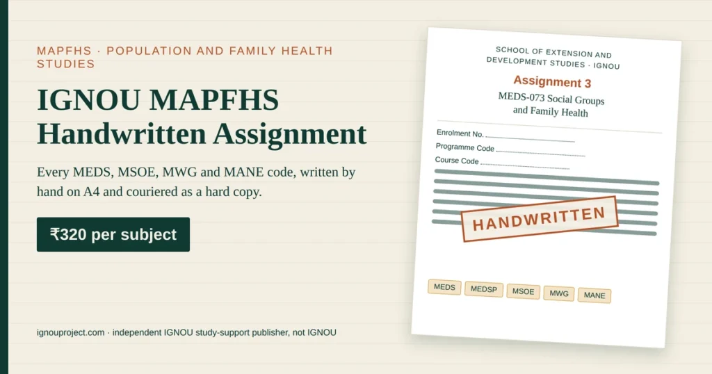 IGNOU MAPFHS handwritten assignment at ₹320 per subject, showing a tilted Assignment 3 MEDS-073 Social Groups and Family Health sheet with School of Extension and Development Studies heading, cover-page fields, MEDS, MEDSP, MSOE, MWG and MANE code chips and a HANDWRITTEN stamp