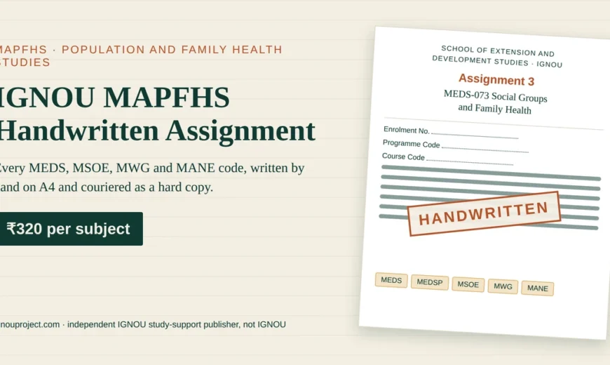 IGNOU MAPFHS handwritten assignment at ₹320 per subject, showing a tilted Assignment 3 MEDS-073 Social Groups and Family Health sheet with School of Extension and Development Studies heading, cover-page fields, MEDS, MEDSP, MSOE, MWG and MANE code chips and a HANDWRITTEN stamp