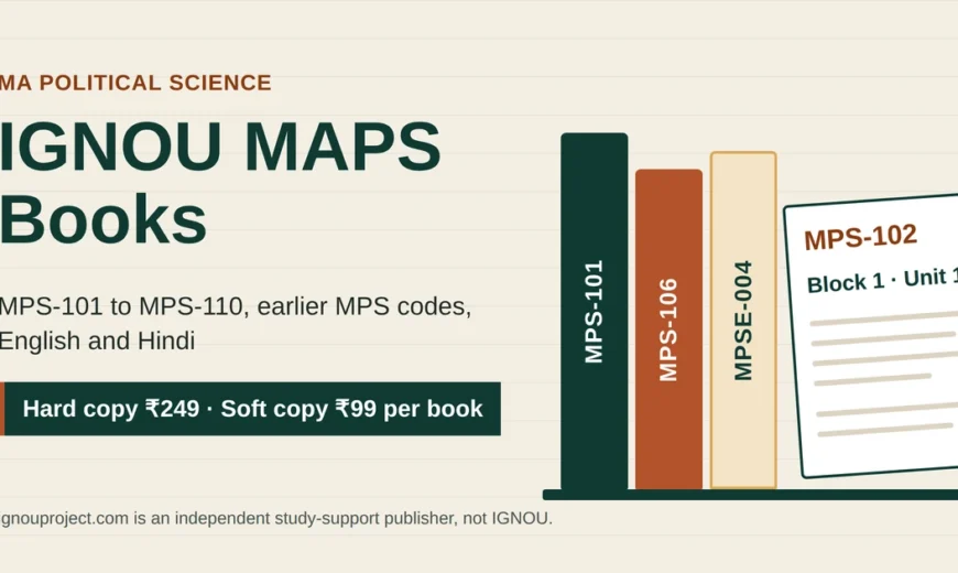 IGNOU MAPS Books featured image with MPS-101, MPS-106 and MPSE-004 book spines beside an open MPS-102 Block 1 booklet and per-book prices.