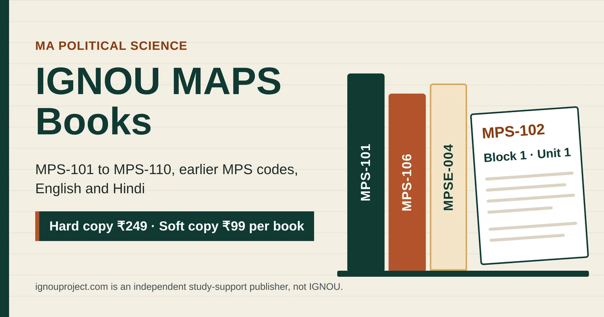 IGNOU MAPS Books featured image with MPS-101, MPS-106 and MPSE-004 book spines beside an open MPS-102 Block 1 booklet and per-book prices.