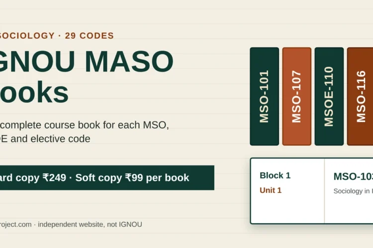 IGNOU MASO Books featured image with MSO-101, MSO-107, MSOE-110 and MSO-116 book spines beside an open MSO-103 Block 1 booklet and per-book prices