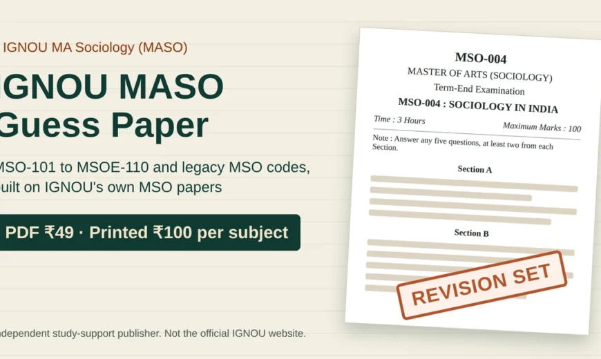 IGNOU MASO guess paper cover showing an MSO-004 Sociology in India term-end paper mock with a Revision Set stamp and PDF ₹49, printed ₹100 per subject prices