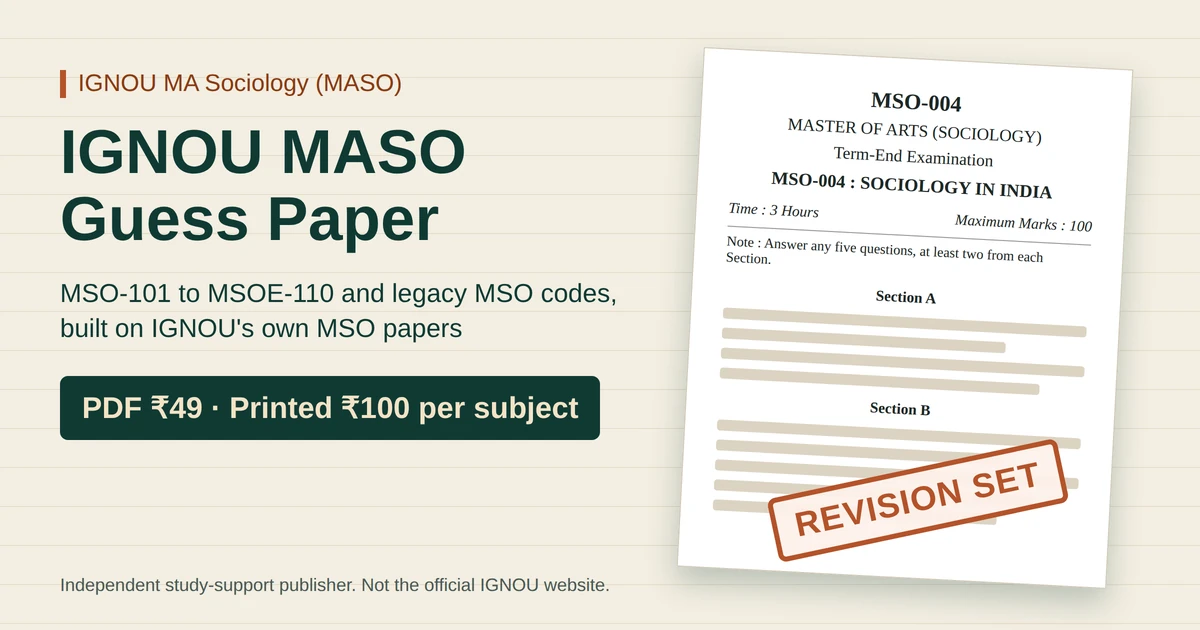 IGNOU MASO guess paper cover showing an MSO-004 Sociology in India term-end paper mock with a Revision Set stamp and PDF ₹49, printed ₹100 per subject prices
