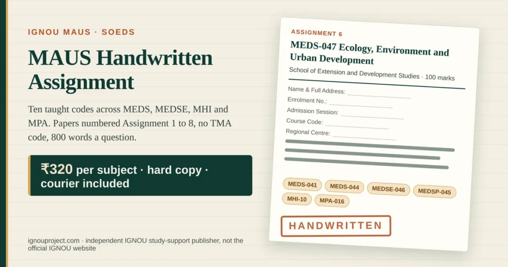 IGNOU MAUS handwritten assignment at ₹320 per subject, showing a tilted Assignment 6 MEDS-047 Ecology, Environment and Urban Development sheet with School of Extension and Development Studies heading, cover-page fields, MEDS, MEDSE, MEDSP, MHI and MPA code chips and a HANDWRITTEN stamp