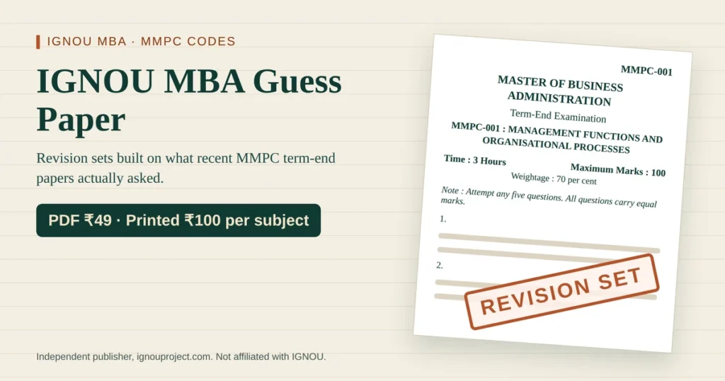IGNOU MBA guess paper featured image showing an MMPC-001 term-end paper mock stamped Revision Set, with prices PDF ₹49 and printed ₹100 per subject