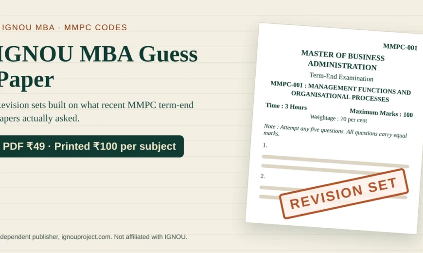 IGNOU MBA guess paper featured image showing an MMPC-001 term-end paper mock stamped Revision Set, with prices PDF ₹49 and printed ₹100 per subject