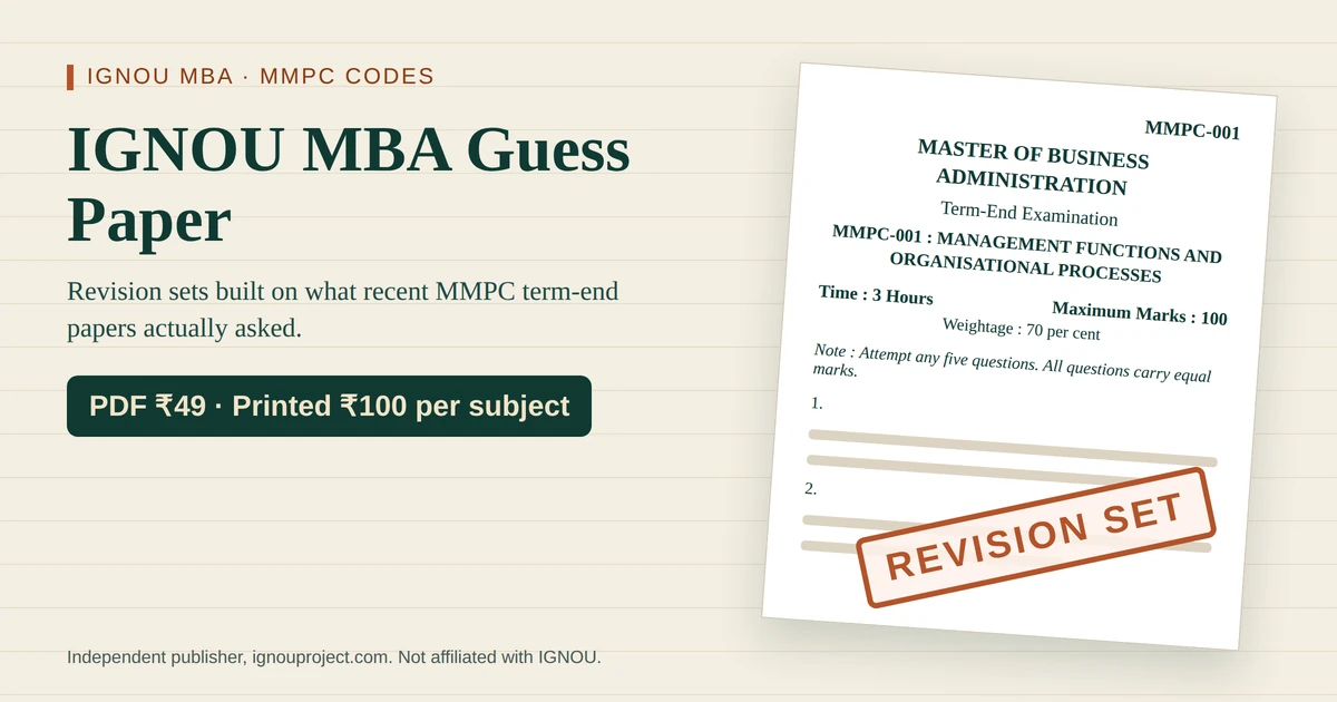 IGNOU MBA guess paper featured image showing an MMPC-001 term-end paper mock stamped Revision Set, with prices PDF ₹49 and printed ₹100 per subject