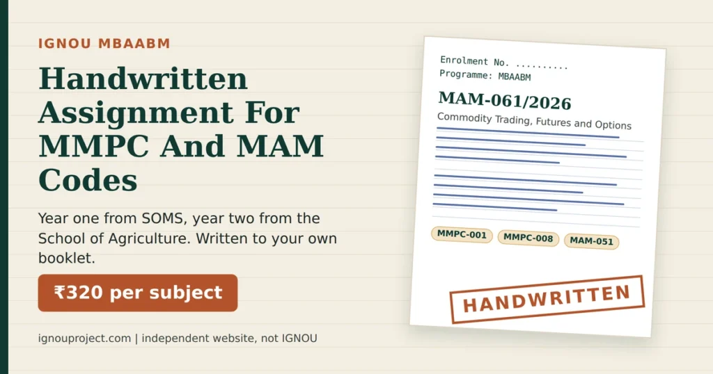 IGNOU MBAABM handwritten assignment sheet mock showing code MAM-061/2026, cover fields and ₹320 per subject, independent website