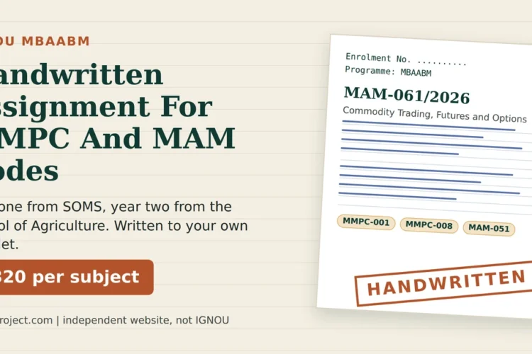 IGNOU MBAABM handwritten assignment sheet mock showing code MAM-061/2026, cover fields and ₹320 per subject, independent website