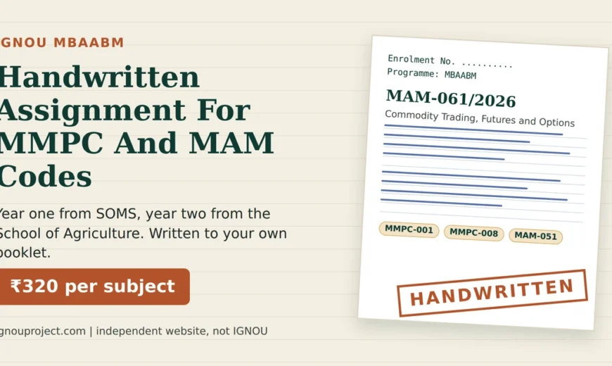 IGNOU MBAABM handwritten assignment sheet mock showing code MAM-061/2026, cover fields and ₹320 per subject, independent website