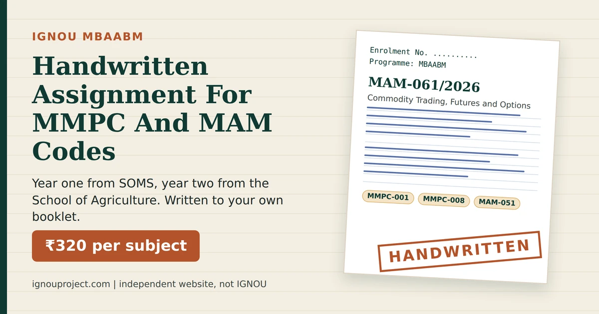 IGNOU MBAABM handwritten assignment sheet mock showing code MAM-061/2026, cover fields and ₹320 per subject, independent website