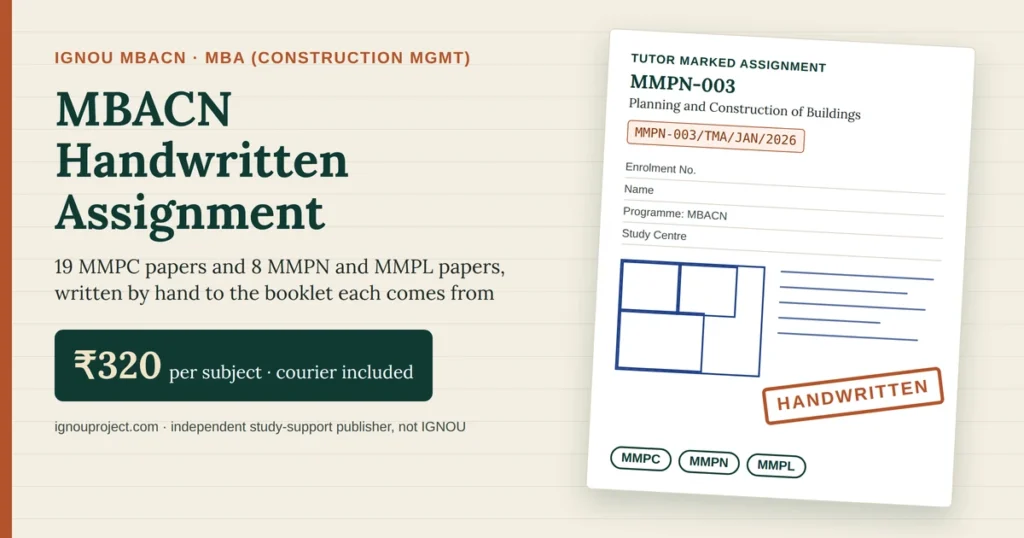 IGNOU MBACN handwritten assignment at ₹320 per subject, showing a tilted MMPN-003 Planning and Construction of Buildings sheet with the MMPN-003/TMA/JAN/2026 code, cover-page fields, a hand-drawn floor plan, MMPC, MMPN and MMPL code chips and a HANDWRITTEN stamp