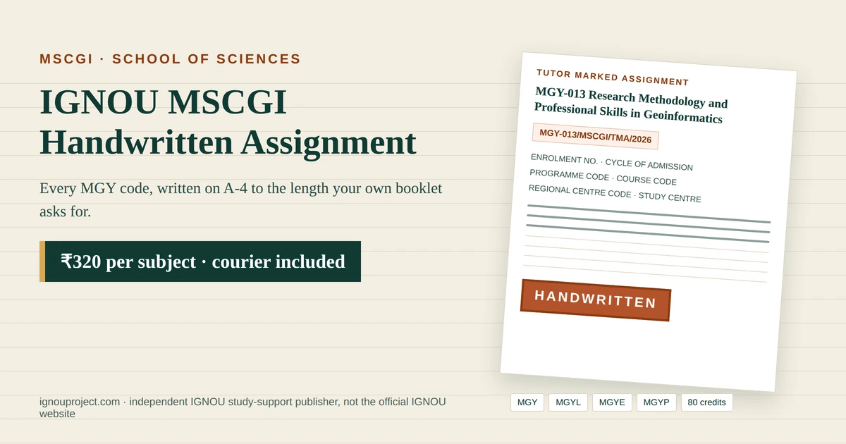 IGNOU MSCGI handwritten assignment at ₹320 per subject, showing a tilted MGY-013 Research Methodology and Professional Skills in Geoinformatics tutor marked assignment sheet with the MGY-013/MSCGI/TMA/2026 code, cover-page fields, MGY, MGYL, MGYE and MGYP code chips and a HANDWRITTEN stamp
