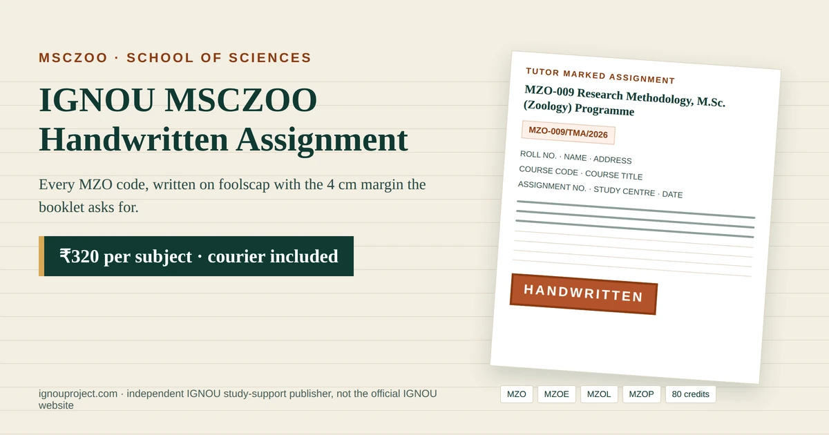 IGNOU MSCZOO handwritten assignment at ₹320 per subject, showing a tilted MZO-009 Research Methodology tutor marked assignment sheet with the MZO-009/TMA/2026 code, the ten-field cover header beginning ROLL NO., MZO, MZOE, MZOL and MZOP code chips and a HANDWRITTEN stamp