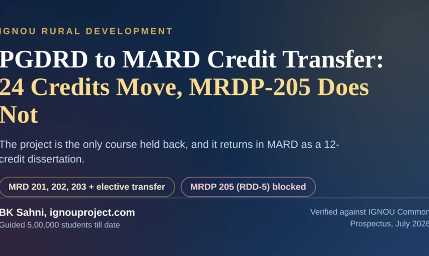 IGNOU PGDRD to MARD credit transfer showing MRD 201, 202, 203 and one elective transferring while MRDP 205 is blocked