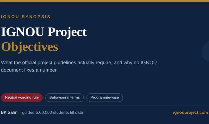IGNOU project objectives guide showing the official neutrality and behavioural-terms requirements from IGNOU project guidelines