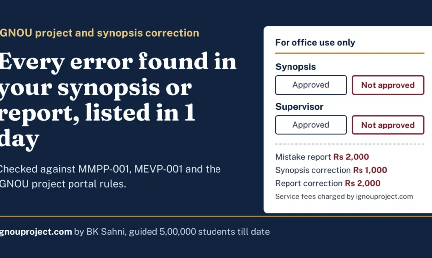 IGNOU project correction checked against official MMPP-001 and MEVP-001 rules. Run the self-check, then book a 1-day mistake report for Rs 2,000 today.