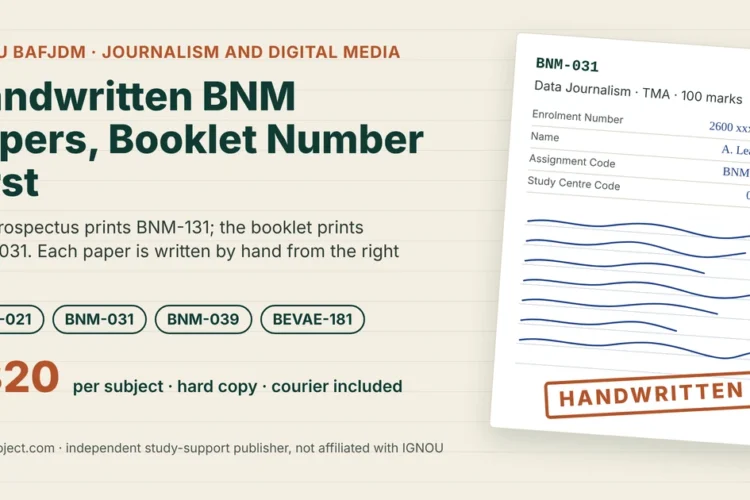 IGNOU BAFJDM handwritten assignment featured image showing a BNM-031 Data Journalism sheet with cover fields, ink lines and a HANDWRITTEN stamp, with the ₹320 per subject price