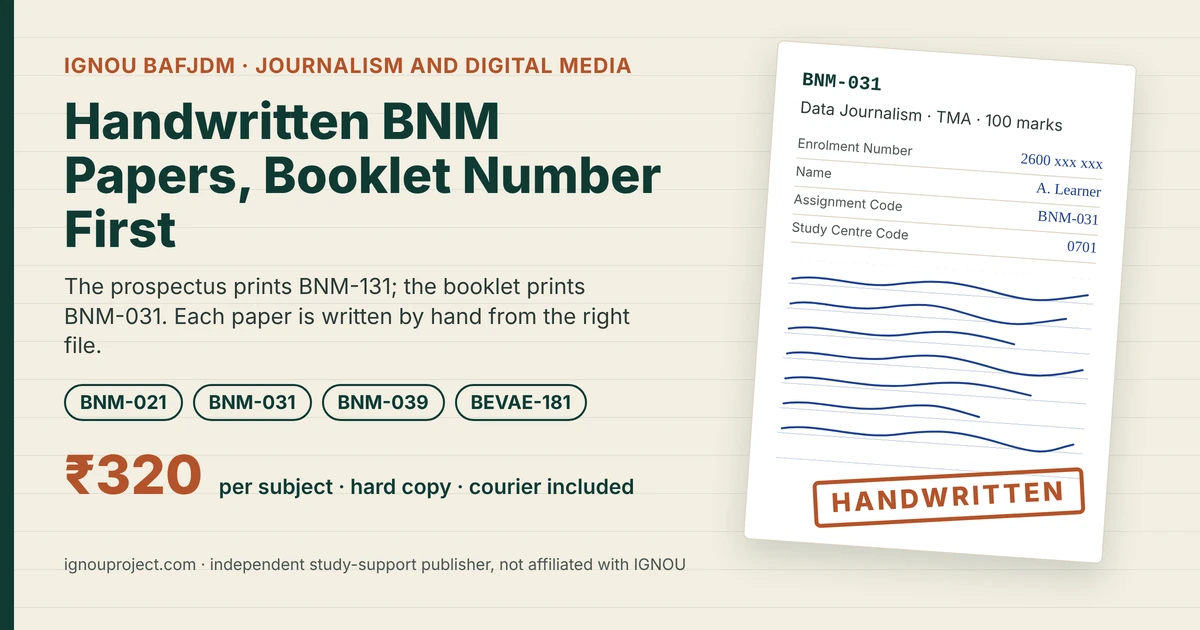 IGNOU BAFJDM handwritten assignment featured image showing a BNM-031 Data Journalism sheet with cover fields, ink lines and a HANDWRITTEN stamp, with the ₹320 per subject price