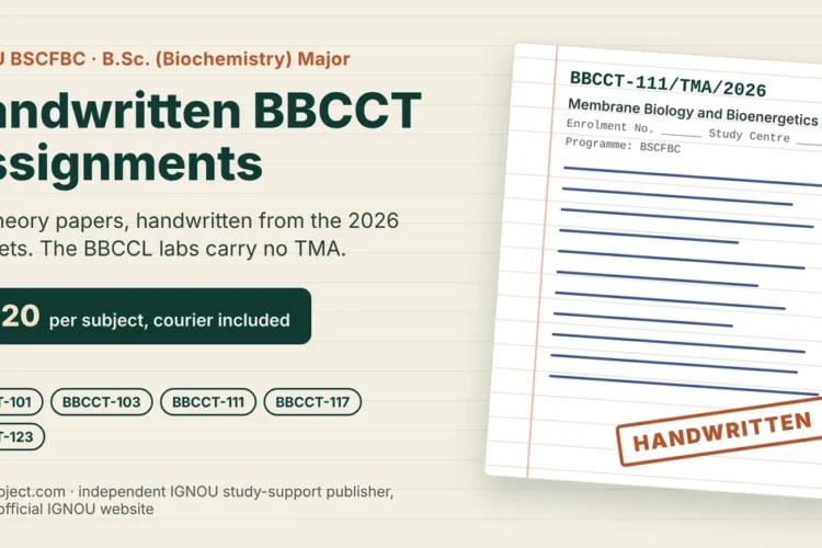 IGNOU BSCFBC handwritten assignment featured image showing a BBCCT-111/TMA/2026 foolscap sheet with a HANDWRITTEN stamp and the ₹320 per subject price