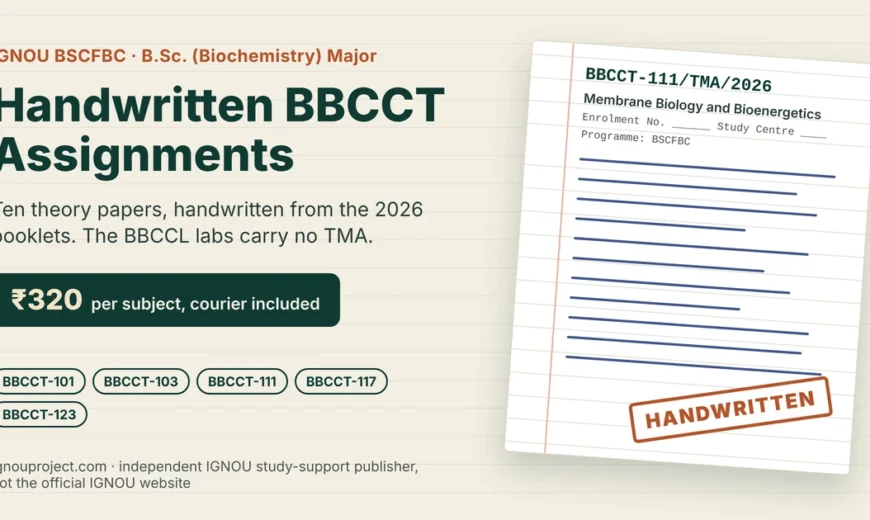 IGNOU BSCFBC handwritten assignment featured image showing a BBCCT-111/TMA/2026 foolscap sheet with a HANDWRITTEN stamp and the ₹320 per subject price
