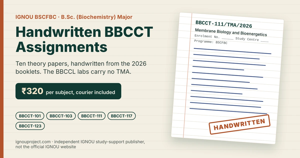 IGNOU BSCFBC handwritten assignment featured image showing a BBCCT-111/TMA/2026 foolscap sheet with a HANDWRITTEN stamp and the ₹320 per subject price