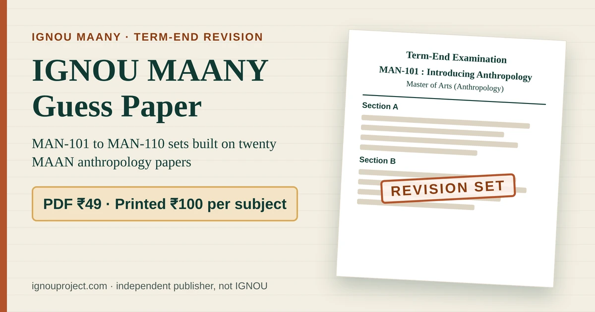 IGNOU MAANY guess paper featured image with a MAN-101 term-end paper mock stamped Revision Set and prices PDF ₹49, printed ₹100 per subject