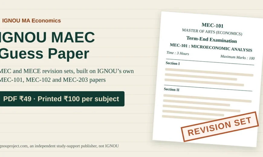 IGNOU MAEC guess paper cover showing an MEC-101 Microeconomic Analysis term-end paper mock with a Revision Set stamp and PDF ₹49, printed ₹100 per subject prices