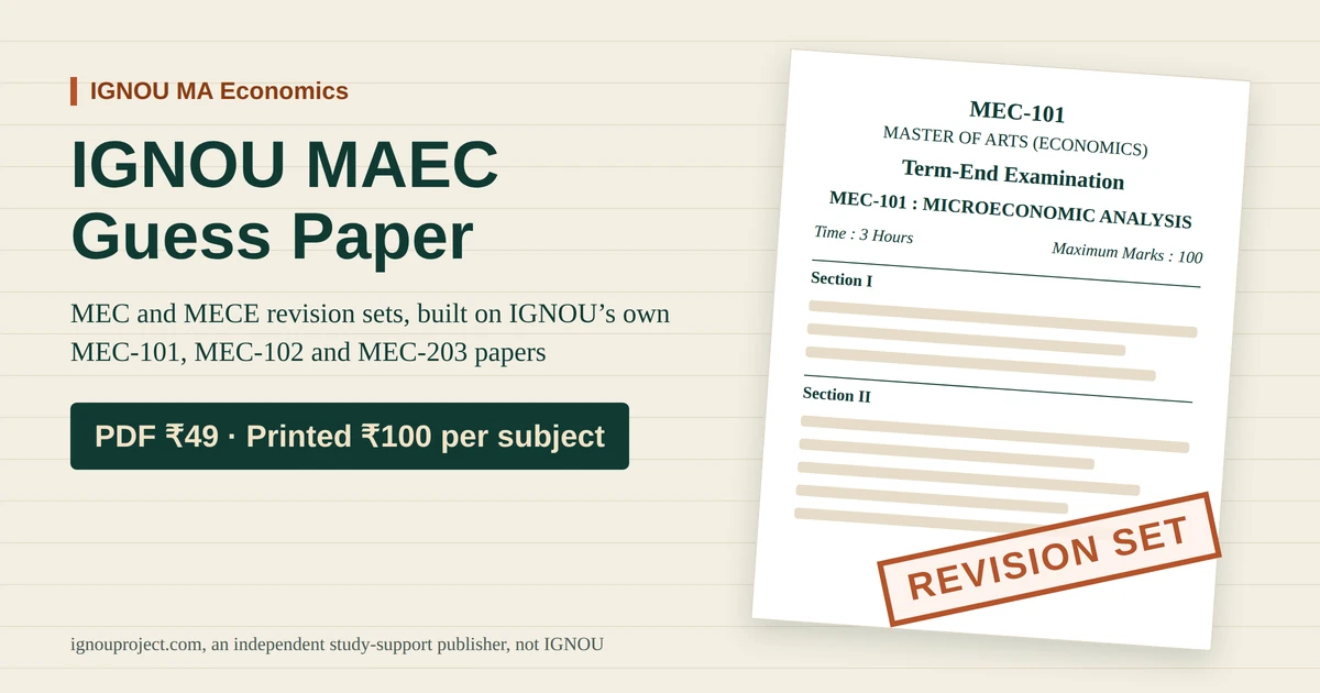 IGNOU MAEC guess paper cover showing an MEC-101 Microeconomic Analysis term-end paper mock with a Revision Set stamp and PDF ₹49, printed ₹100 per subject prices
