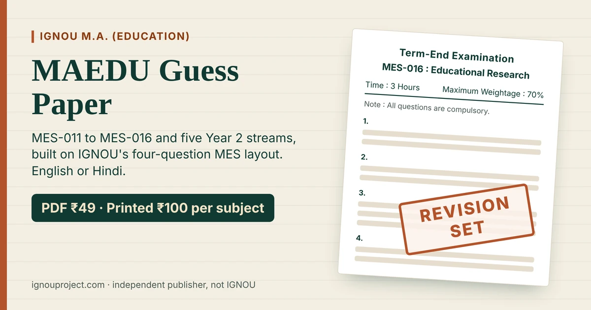 IGNOU MAEDU guess paper featured image with an MES-016 term-end paper mock and a Revision Set stamp; PDF ₹49, printed ₹100 per subject