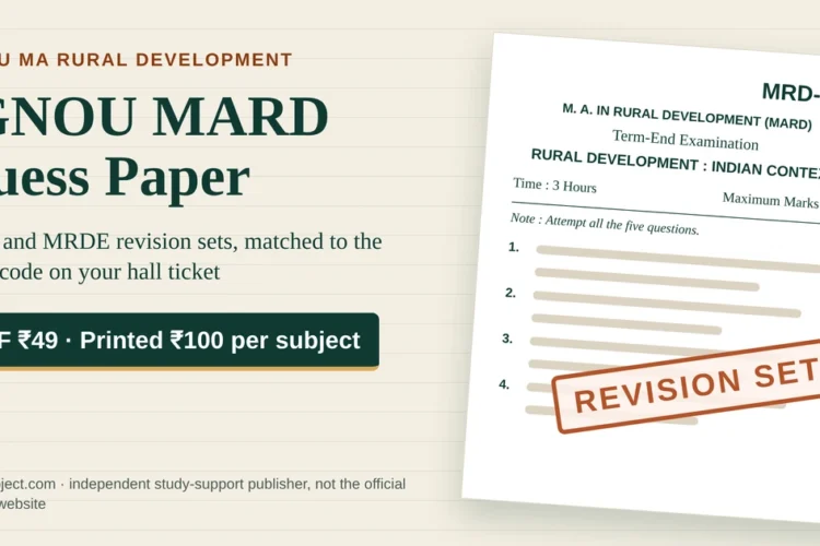 IGNOU MARD guess paper featured image with an MRD-201 term-end paper mock and a Revision Set stamp, PDF ₹49, printed ₹100 per subject