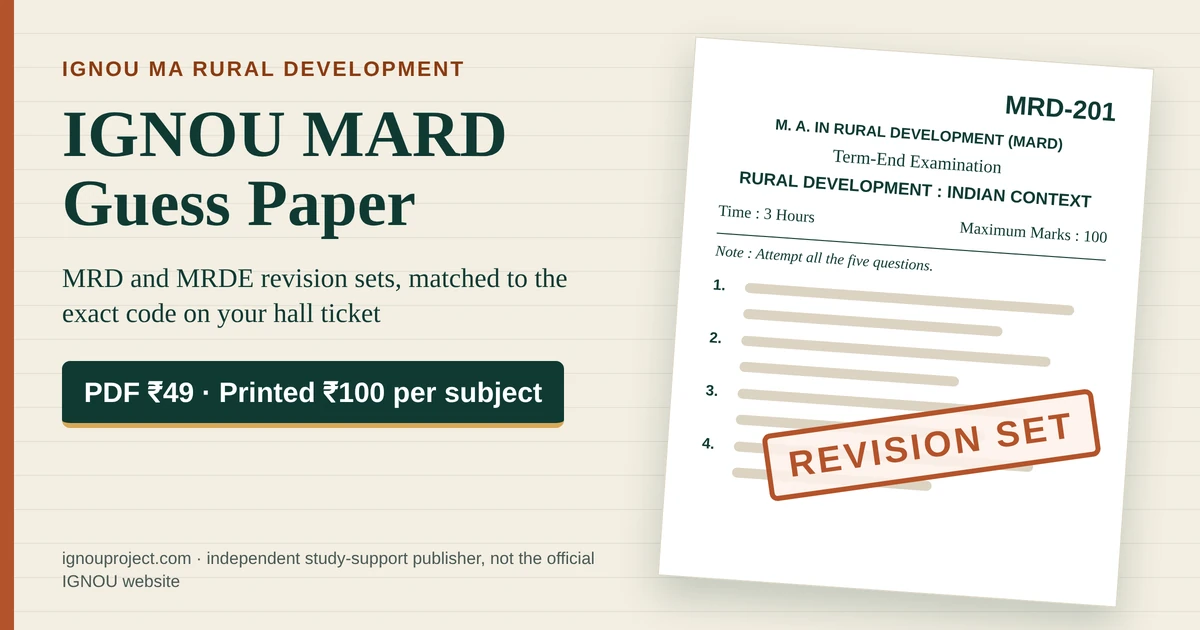 IGNOU MARD guess paper featured image with an MRD-201 term-end paper mock and a Revision Set stamp, PDF ₹49, printed ₹100 per subject