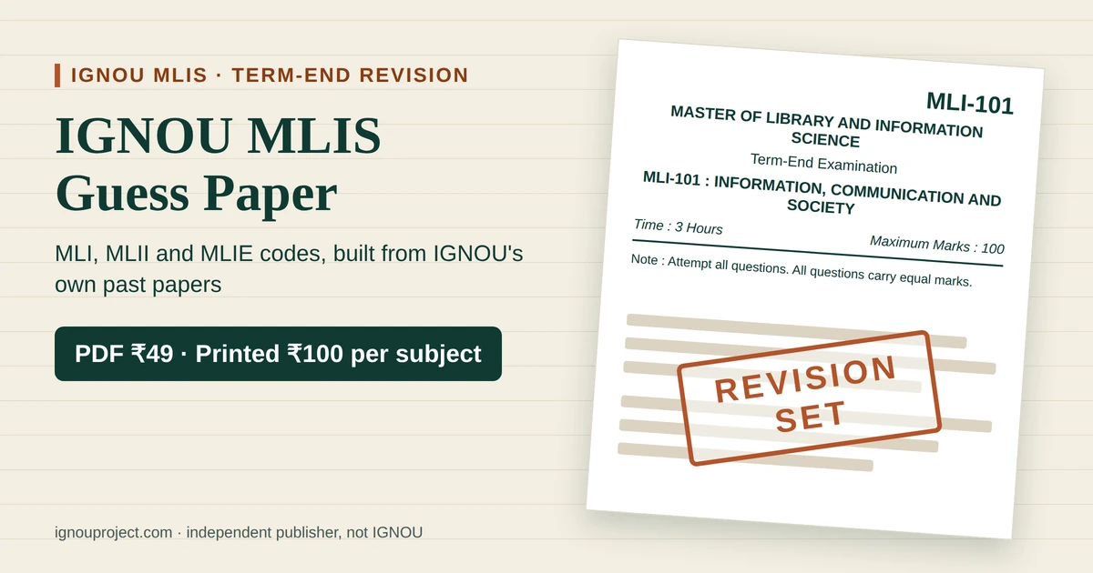 IGNOU MLIS guess paper cover showing an MLI-101 term-end paper mock, 3 hours, 100 marks, with a Revision Set stamp and PDF ₹49, printed ₹100 per subject prices