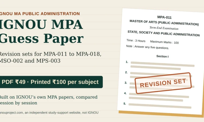 IGNOU MPA guess paper cover showing an MPA-011 State, Society and Public Administration term-end paper mock with a Revision Set stamp and PDF ₹49, printed ₹100 per subject prices