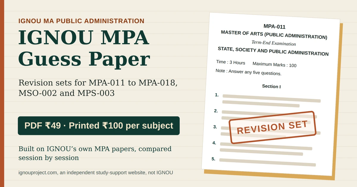 IGNOU MPA guess paper cover showing an MPA-011 State, Society and Public Administration term-end paper mock with a Revision Set stamp and PDF ₹49, printed ₹100 per subject prices